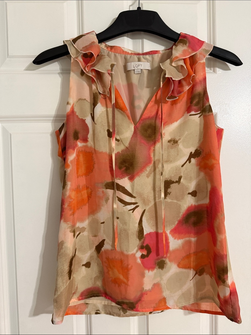 LOFT Coral, Beige & Olive Watercolor Ruffle-Neck Camisole